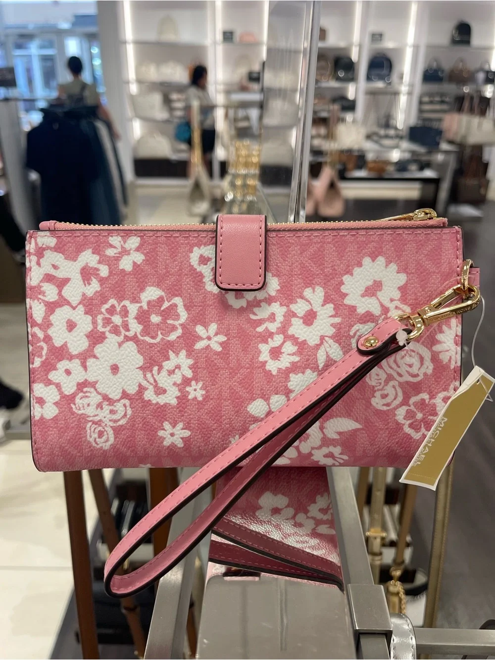 MICHAEL KORS Pink Floral Zip Wallet Wristlet with Gold Hardware